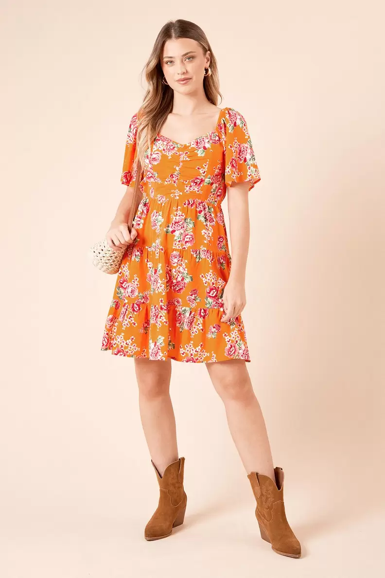 Floral Angel Sleeve Tiered Mini Dress