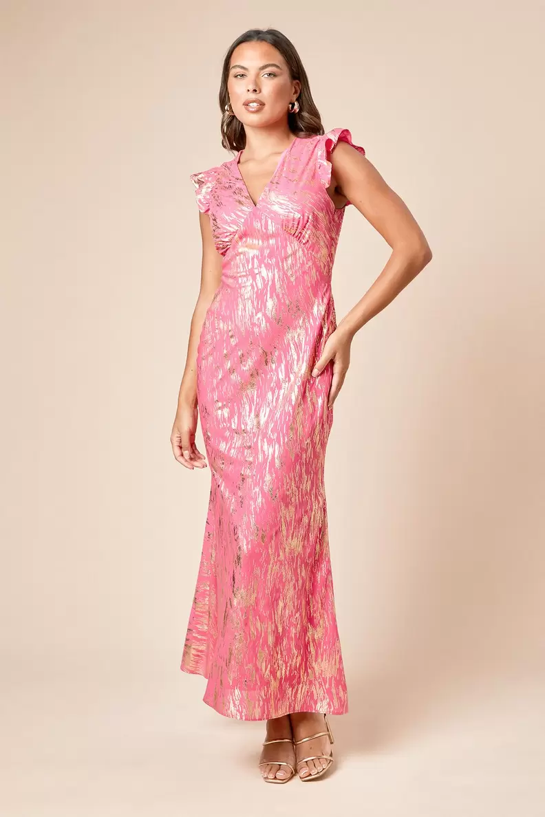 DP Luxe Metallic Frill Shoulder Maxi Dress
