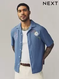 Blue 100% Cotton Cheesecloth Embroidered Short Sleeve Shirt