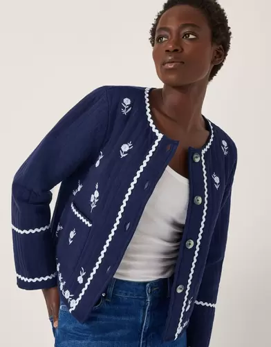 Evie Floral Embroidered Quilted Jacket Blue