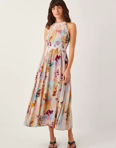 Mia Floral Embroidered Halter Midi Dress Multi