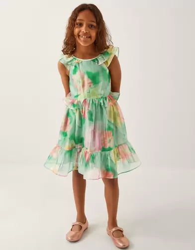 Blurry Floral Organza Ruffle Dress Green