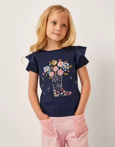 Floral Cowboy Boot Embroidered T-Shirt Blue