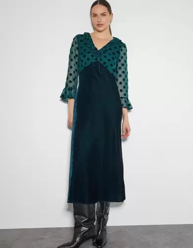Dora Polka Dot Velvet Midi Dress Teal