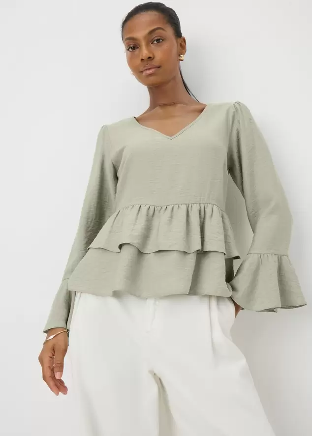 Sage V-Neck Ruffle Blouse