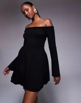 ASOS DESIGN off shoulder angel sleeve skater mini dress with chunky twist in black