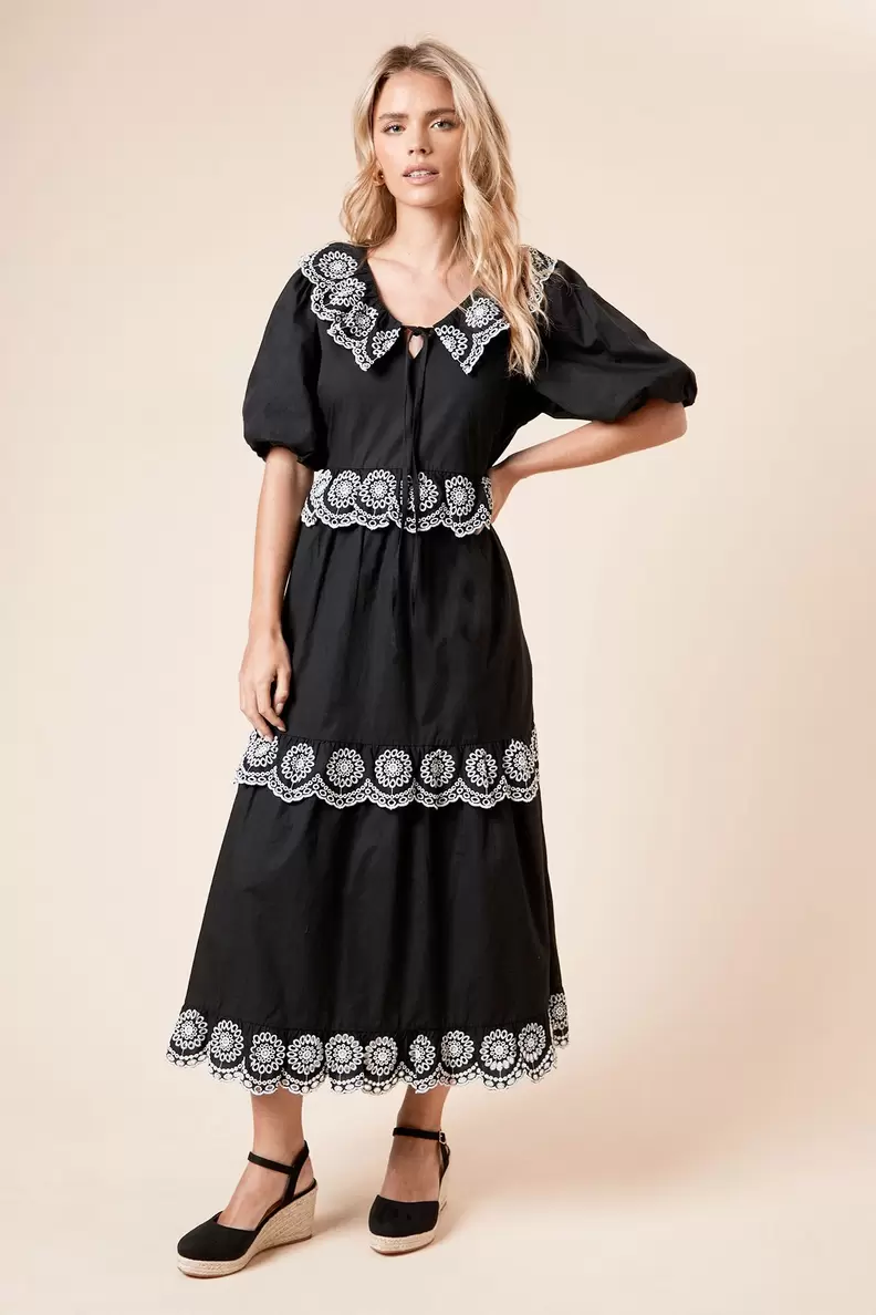 Petite Embroidered Tiered Midi Dress