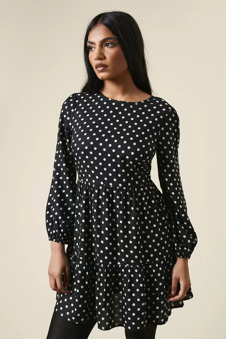 Petite Black Spot Tiered Hem Mini Dress