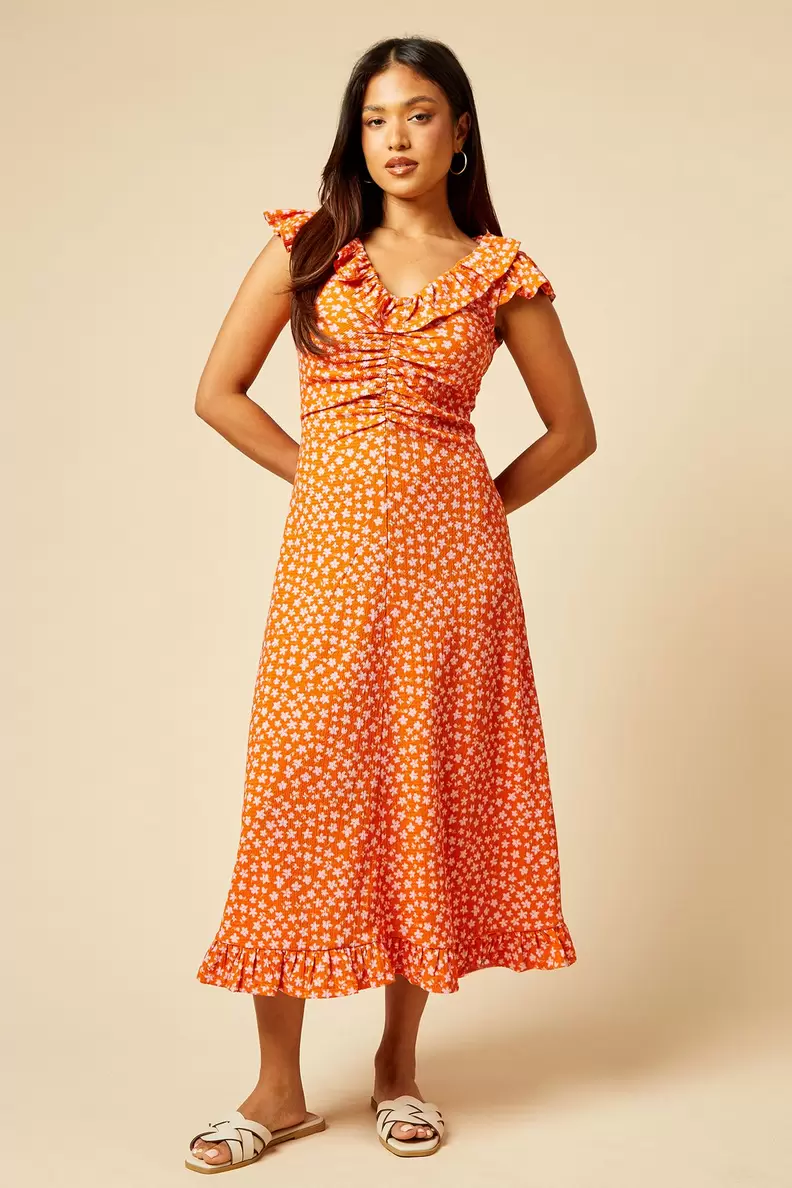 Petite Orange Ditsy Frill Neck Ruched Front Jersey Midi Dress