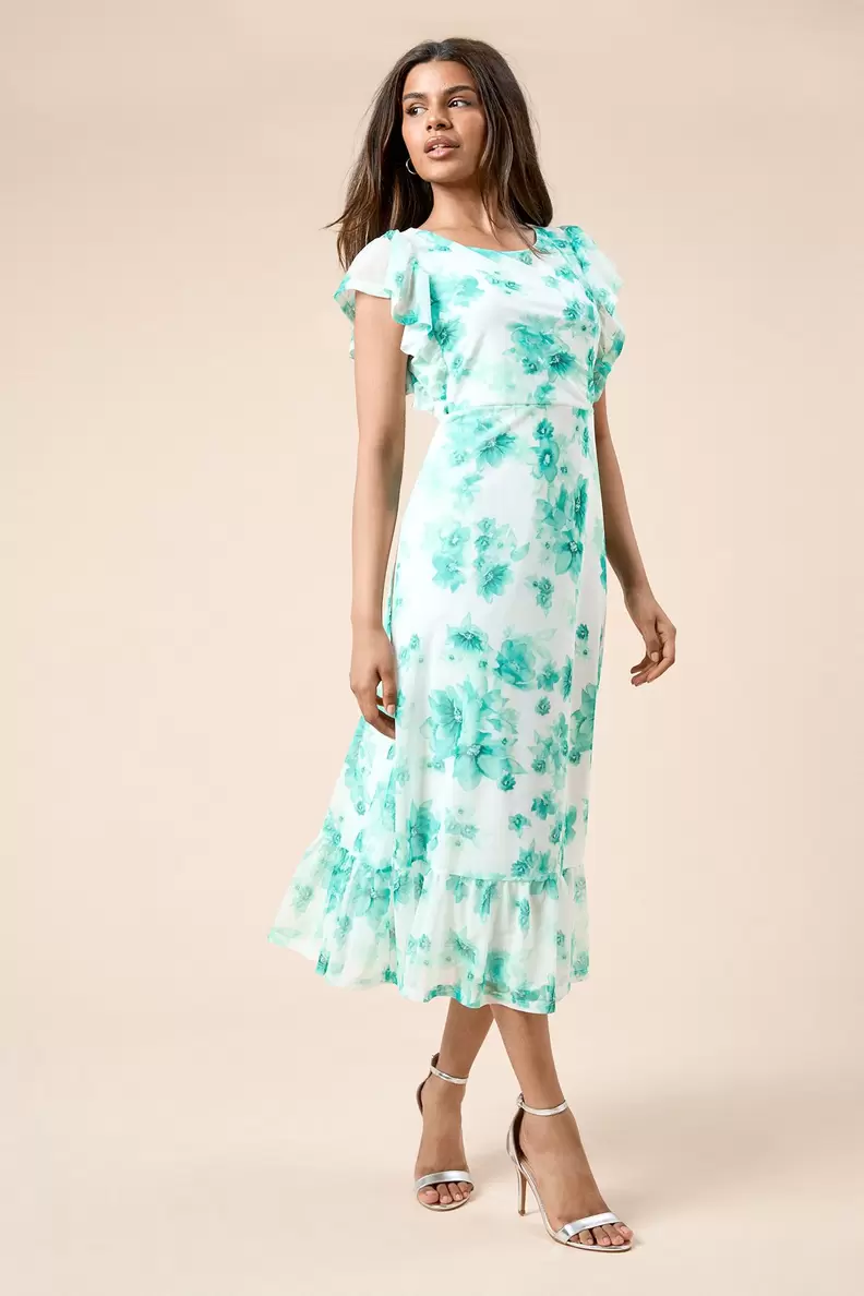 Petite Green Floral Frill Sleeve Belt Detail Mesh Jersey Midi Dress