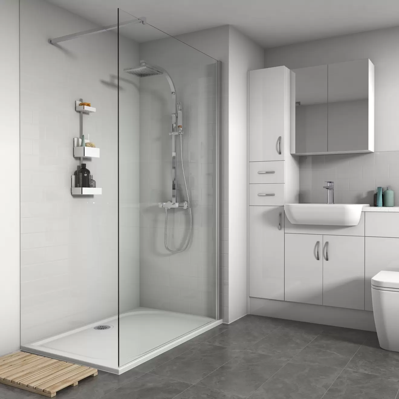 Splashwall 3 panel Composite Panel kit (L)2420mm (W)1200mm - White Tile effect