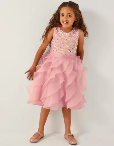 Sequin Waterfall Ruffle Party Dress Pink