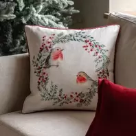Festive Robins In Wreath Cushion - 45x45cm