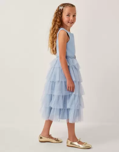 Sleeveless Belted Tulle Tier Dress Blue