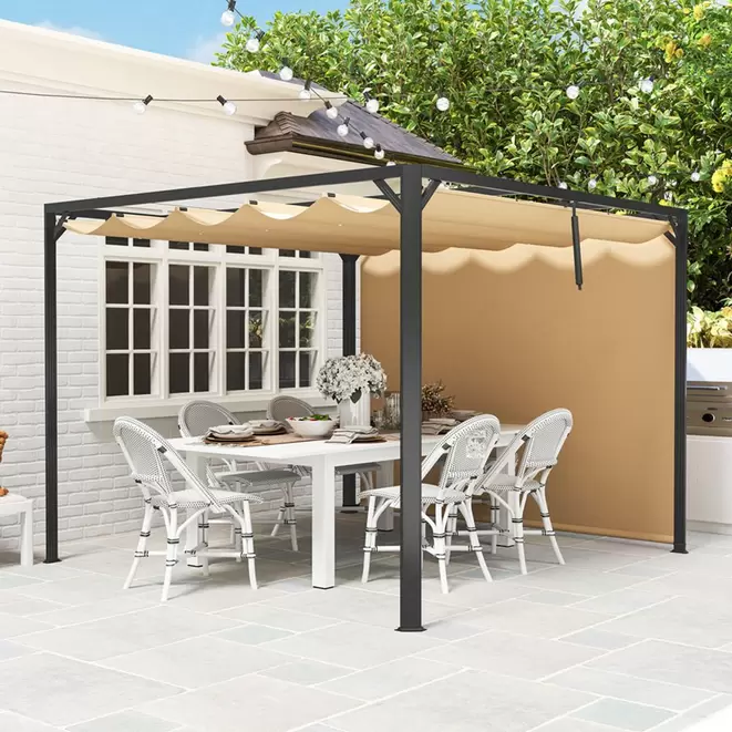 Outsunny Khaki Retractable Roof Pergola Gazebo with Roller Shade 3 x 3m