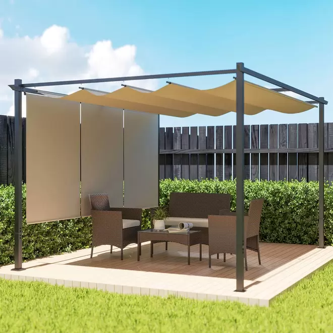Outsunny Beige Metal Retractable Roof Pergola Gazebo with Roller Shade 3 x 4m