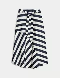 Pure Linen Striped Midi A-Line Skirt