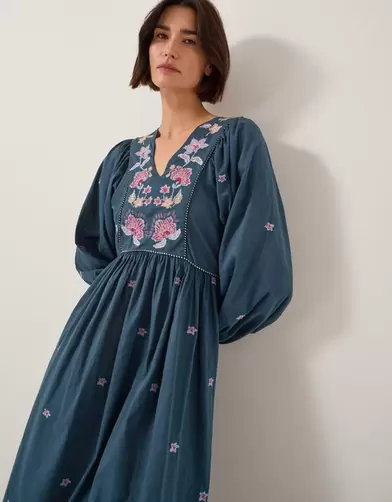 Bria Embroidered Long Sleeve Midi Dress Blue