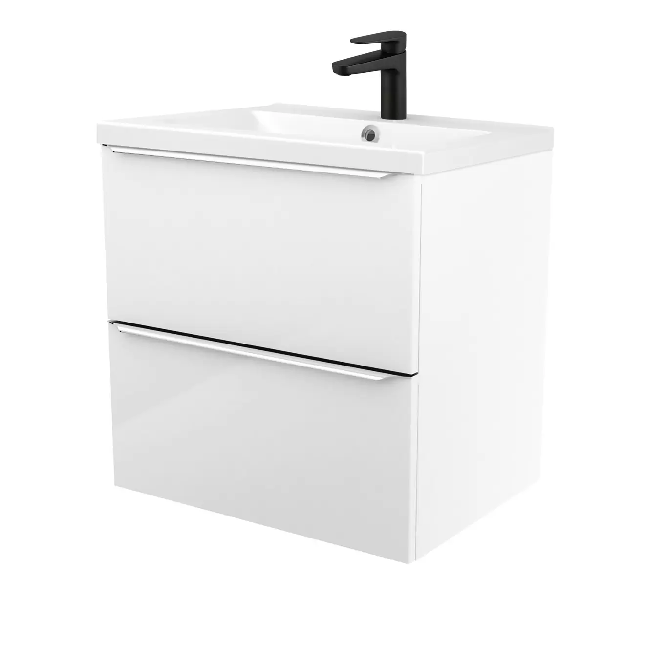 GoodHome Imandra Gloss White Wall-mounted Vanity unit & basin set with Black tap - Includes 2 drawer vanity (W)600mm (H)600mm