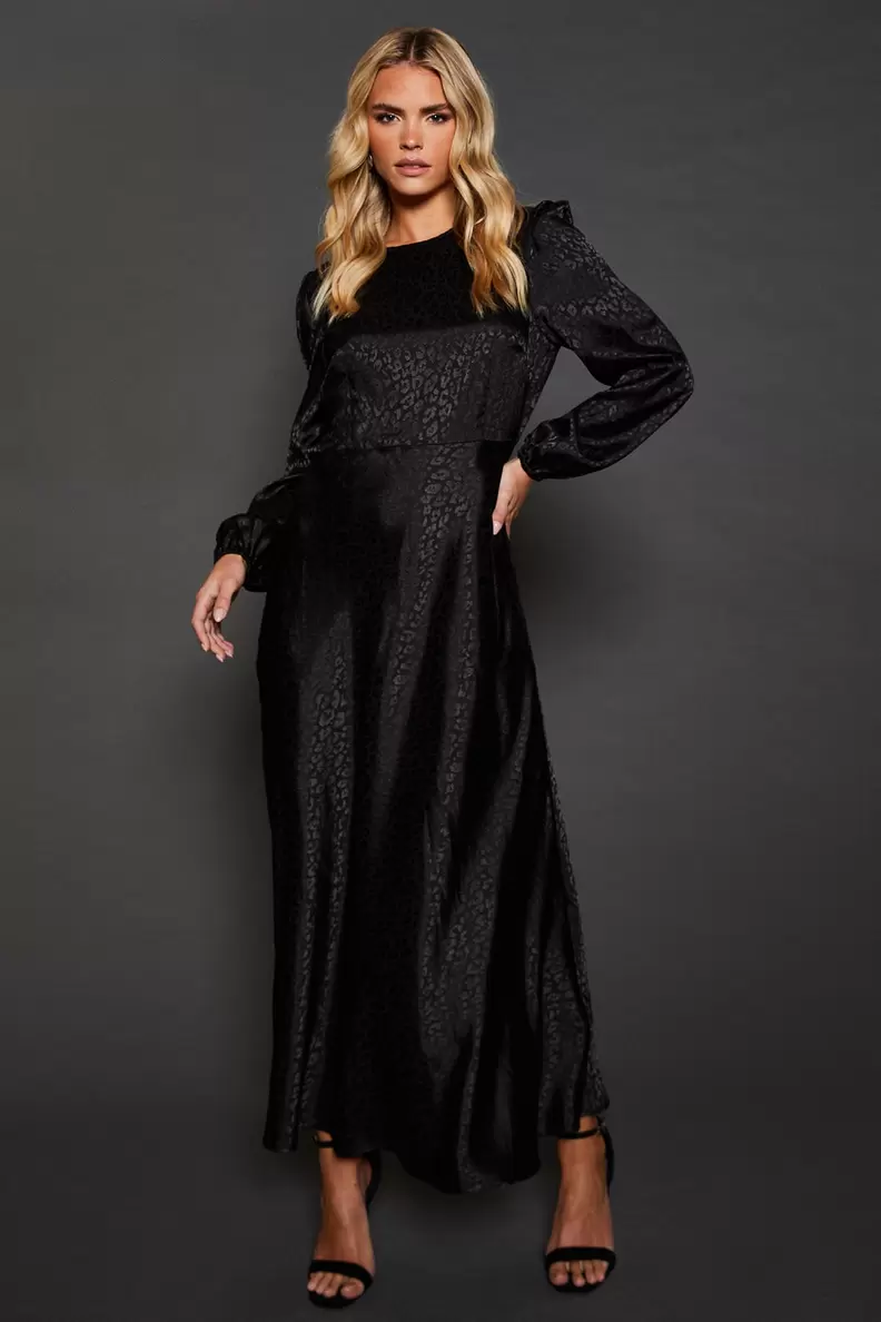 Petite Satin Jacquard Empire Long Sleeve Midi Dress