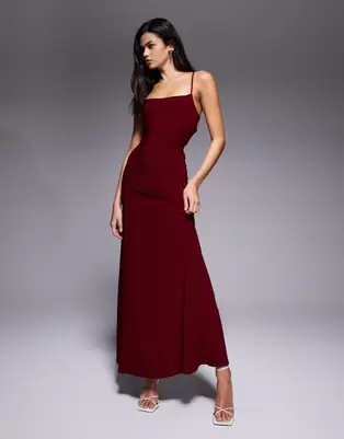 ASOS DESIGN lace up back maxi slip dress in burgundy