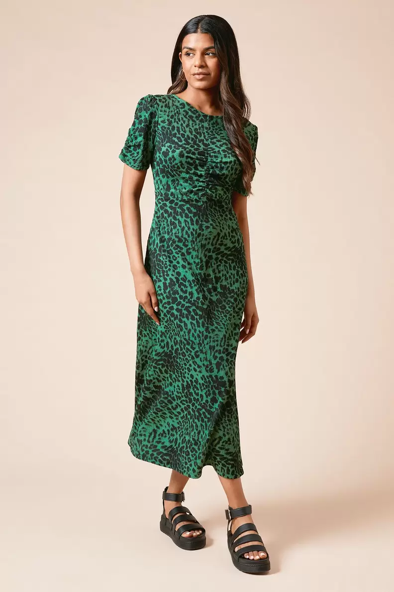 Petite Animal Ruched Sleeve Jersey Midi Dress