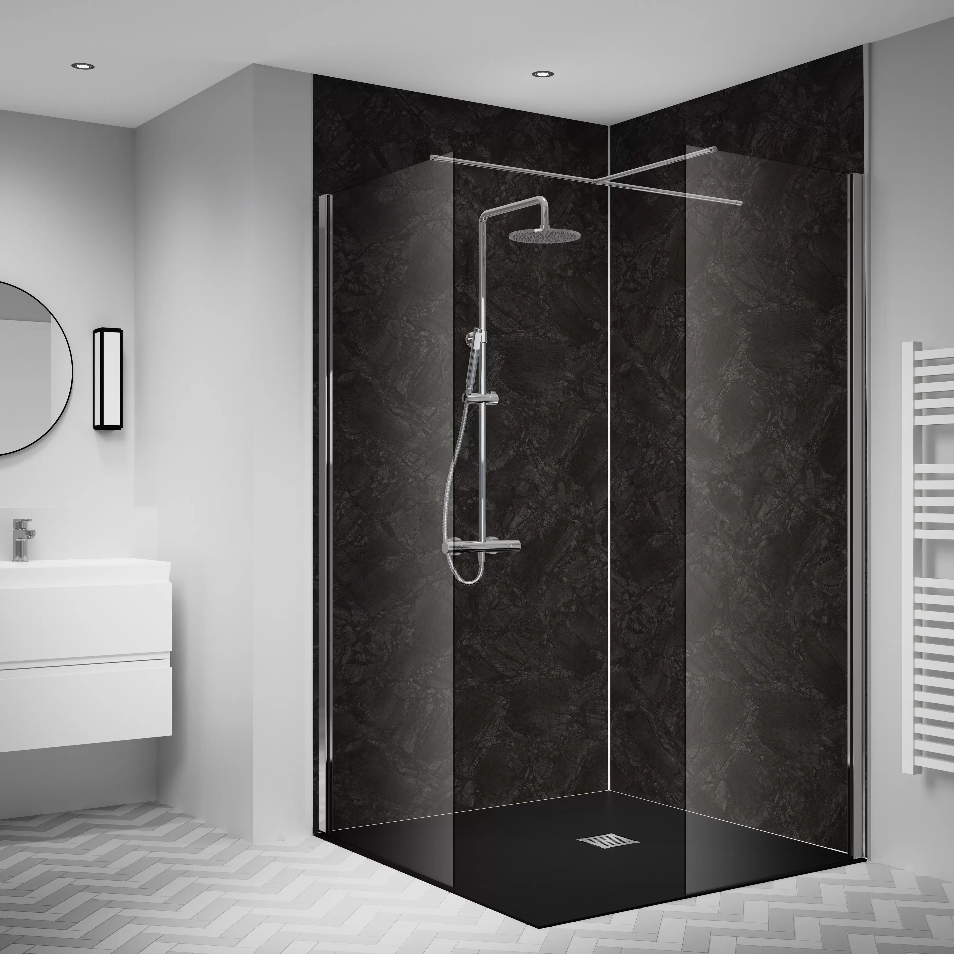 Splashwall Laminate Tongue & groove Bathroom & wet room Decorative panel (H)2420mm (W)1200mm - Matt Raja Black Stone effect