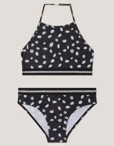 Daisy Print Halter Bikini Set Black