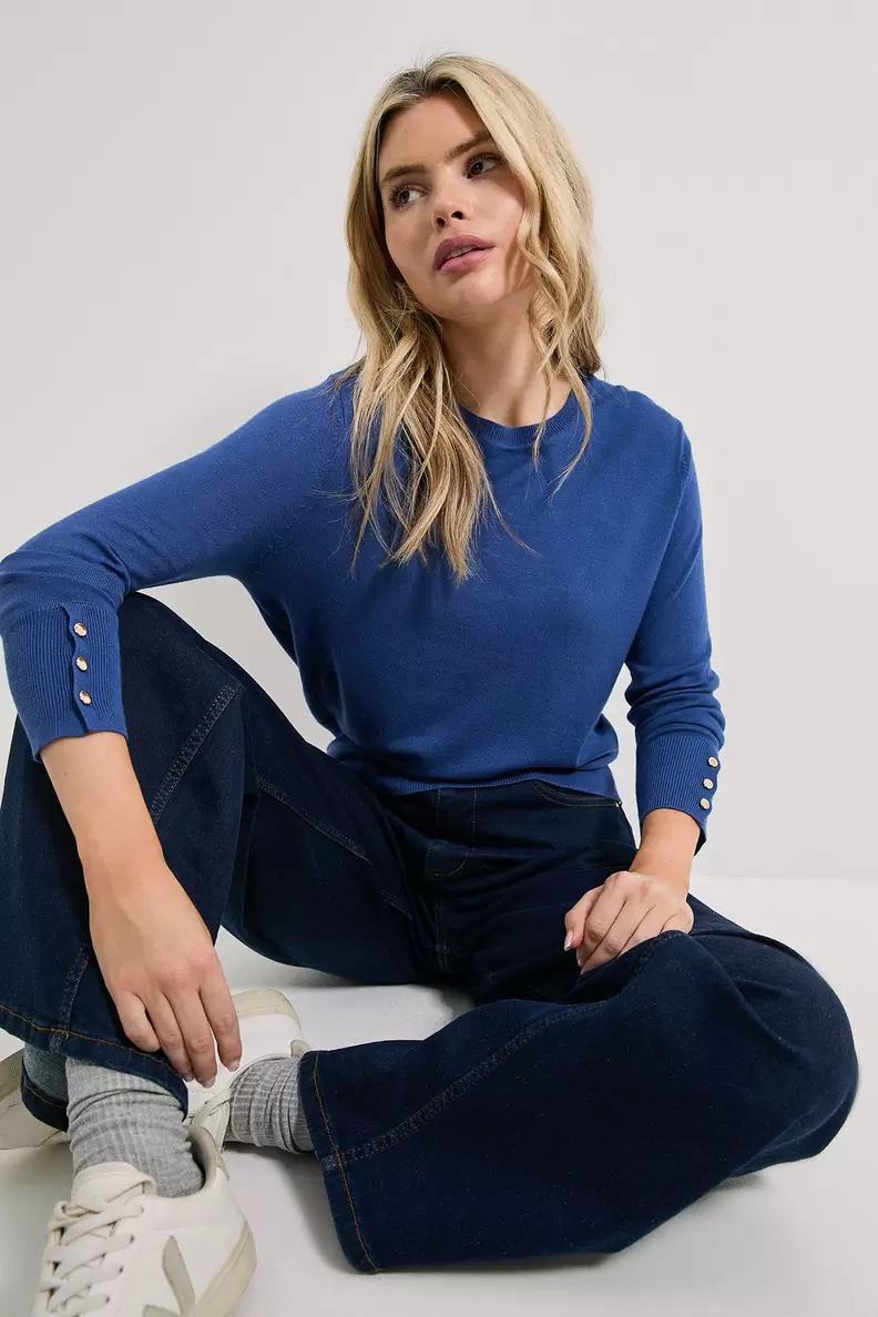 Denim Blue Crew Neck Button Cuff Jumper