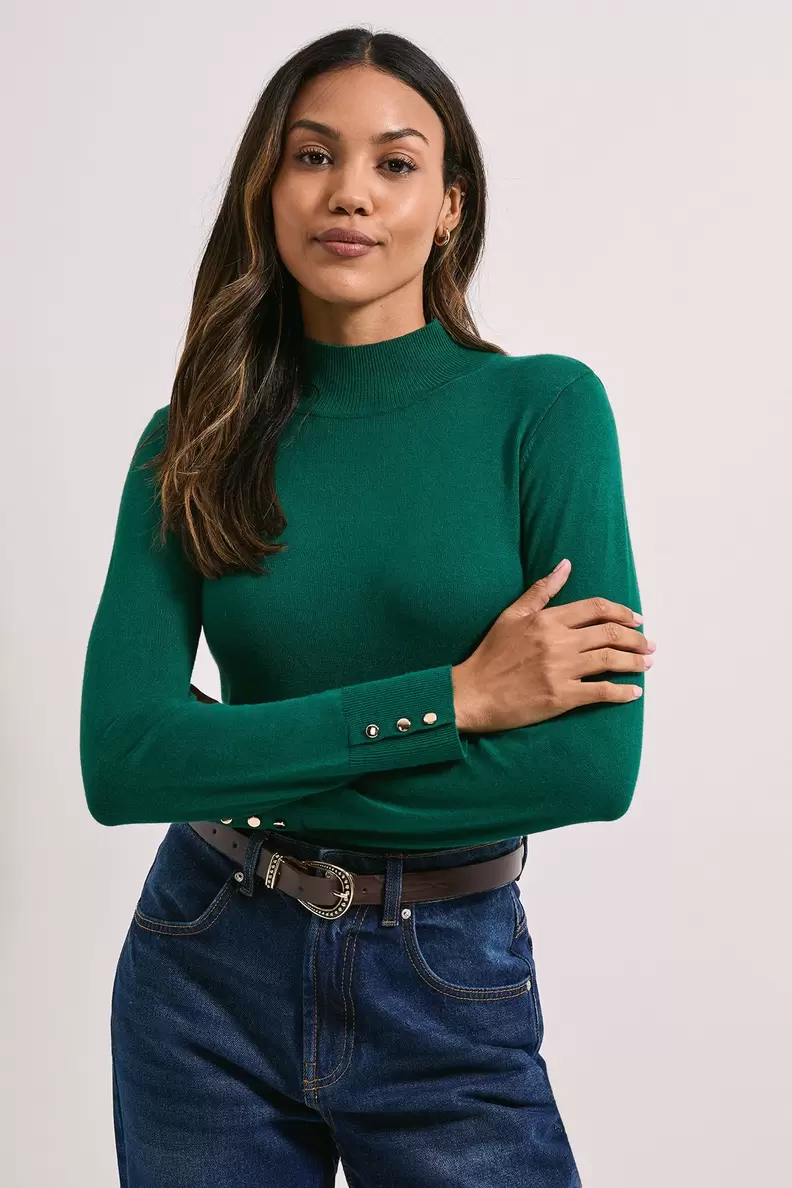 Forest Funnel Neck Button Cuff Longline Jumper