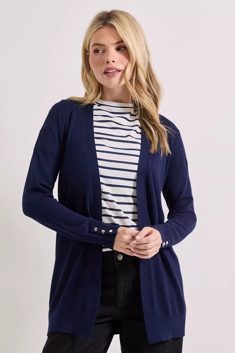 Navy Longline Button Cuff Knit Cardigan