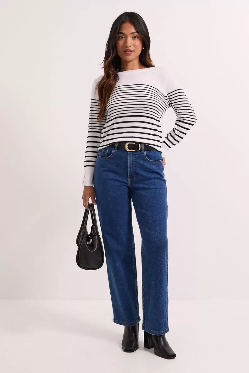 Petite Stripe Crew Neck Button Cuff Jumper