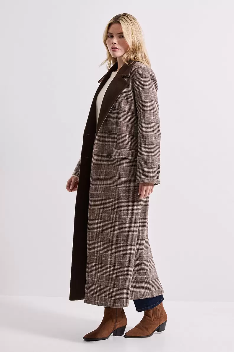 Check Contrast Midi Coat