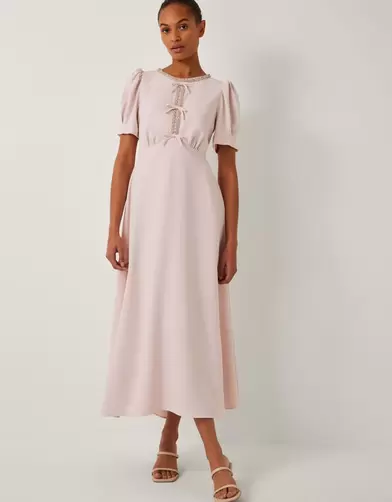 Bonnie Bow Puff Sleeve Midi Dress Pink