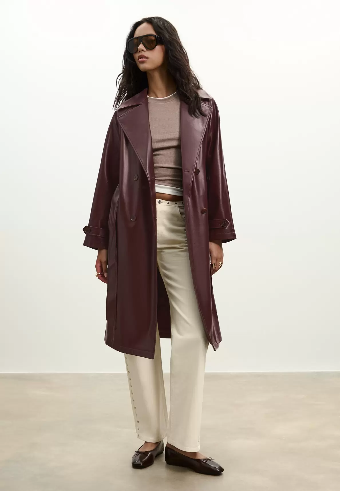 Long faux leather trench coat