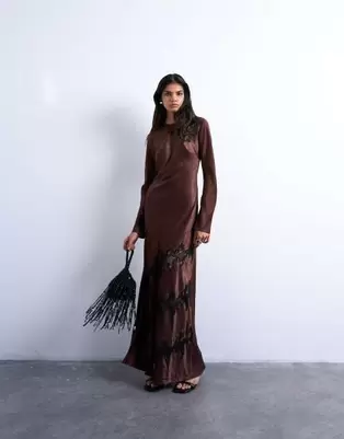 Topshop cutwork lace insert long sleeve maxi dress in chocolate