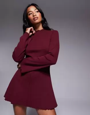 ASOS DESIGN Petite ribbed long sleeve lettuce hem mini dress in burgundy
