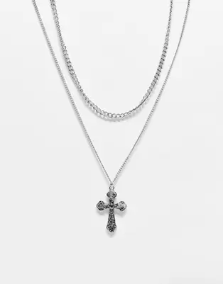 Reclaimed Vintage Halloween unisex 2 row necklace with cross in burnished silver