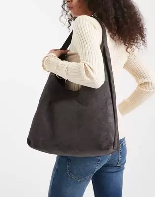 PASQfaux suede slouch tote bag with strap detail in grey