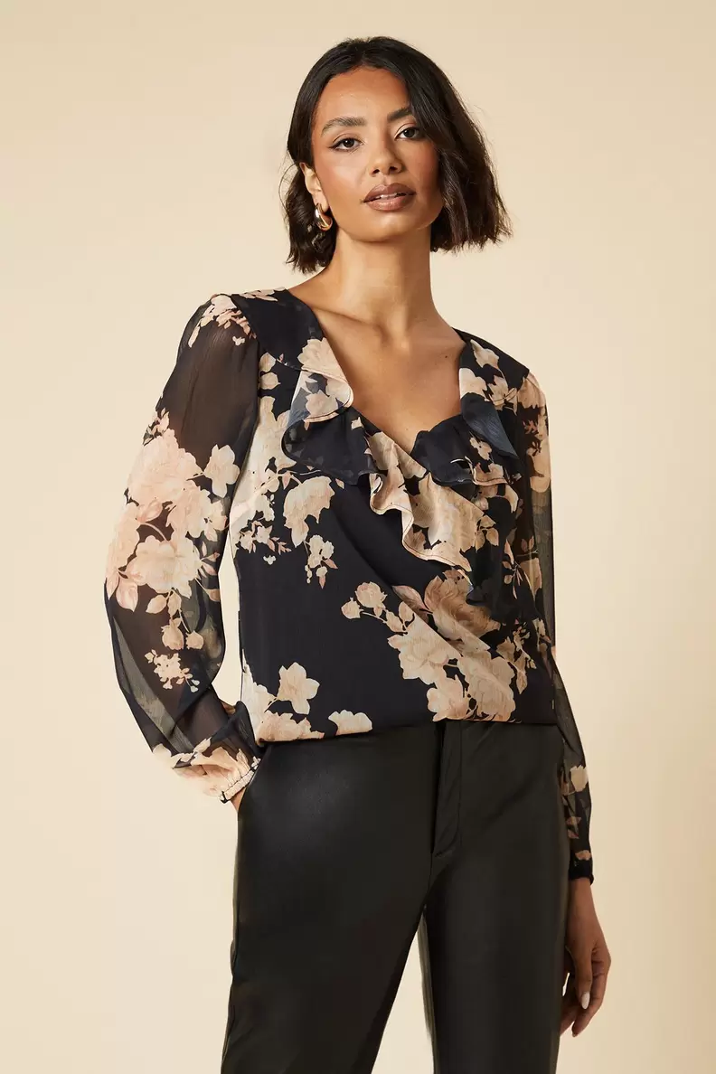 Ochre Floral Chiffon Ruffle Neckline Long Sleeve Blouse