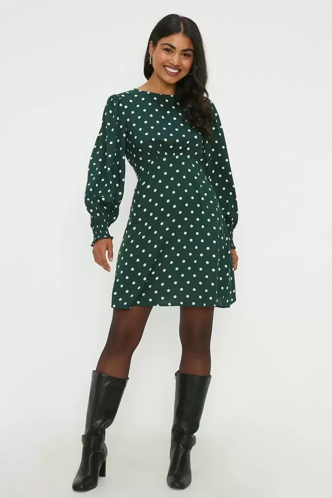 Green Spot Shirred Cuff Mini Dress