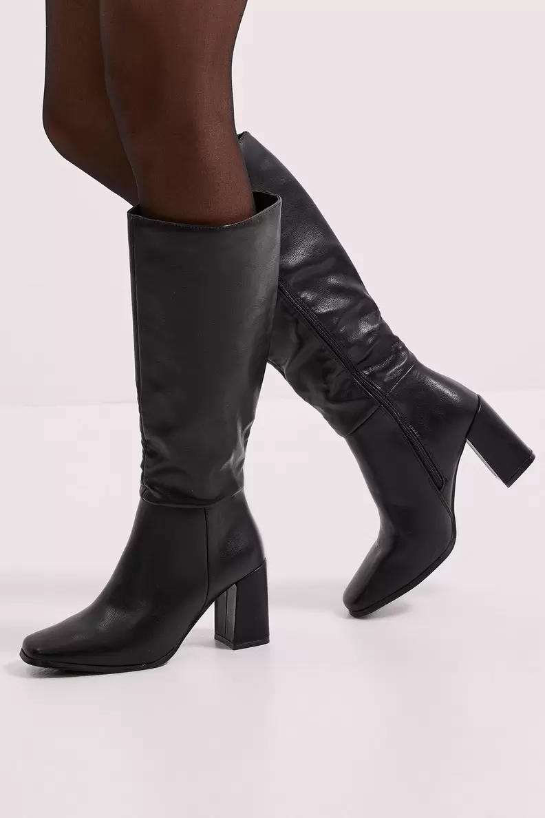 Wide Fit Kristen Faux Leather Square Toe High Heel Knee Boots