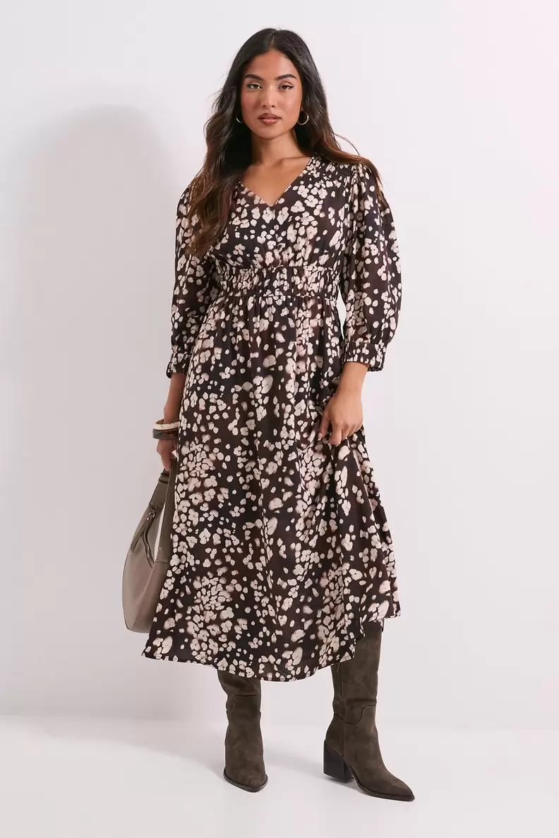 Petite Shirred Detail Blouson Sleeve Midi Dress