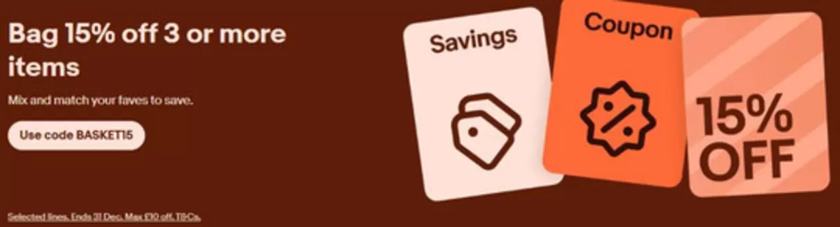 eBay catalogue | Bag 15% Off 3 Or More Items | 2025-11-12T00:00:00.000Z - 2025-12-31T00:00:00.000Z
