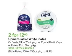 Chinet - Classic White Plates or Bowls, or Crystal Plastic Cups or Plates