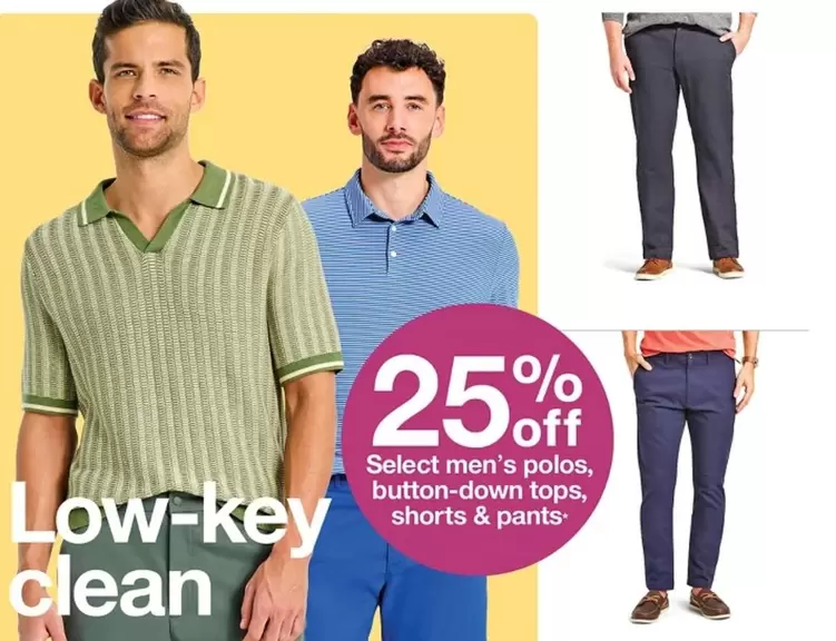 men's polos, button-down tops, shorts & pants