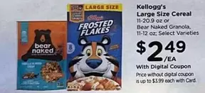 Kellogg's - Large Size Cereal or Bear Naked Granola