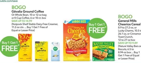 General Mills - Buy 1 Get 1 Free (select Gēvalia Ground Coffee, Cheerios Large Size, Nature Valley Bars,  Cereals)