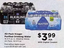40-Pack Kroger Purified Drinking Water or Alkaline Water