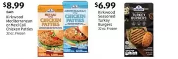 Frozen - Mediterranean or Mexi Cali Chicken Patties; Kirkwood Seasoned Turkey Burgers